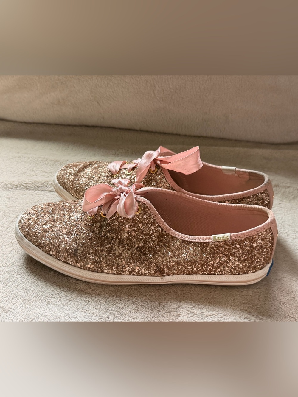kate spade Keds  Rose Gold Glitter Espadrille Sneakers with Pink Ribbon